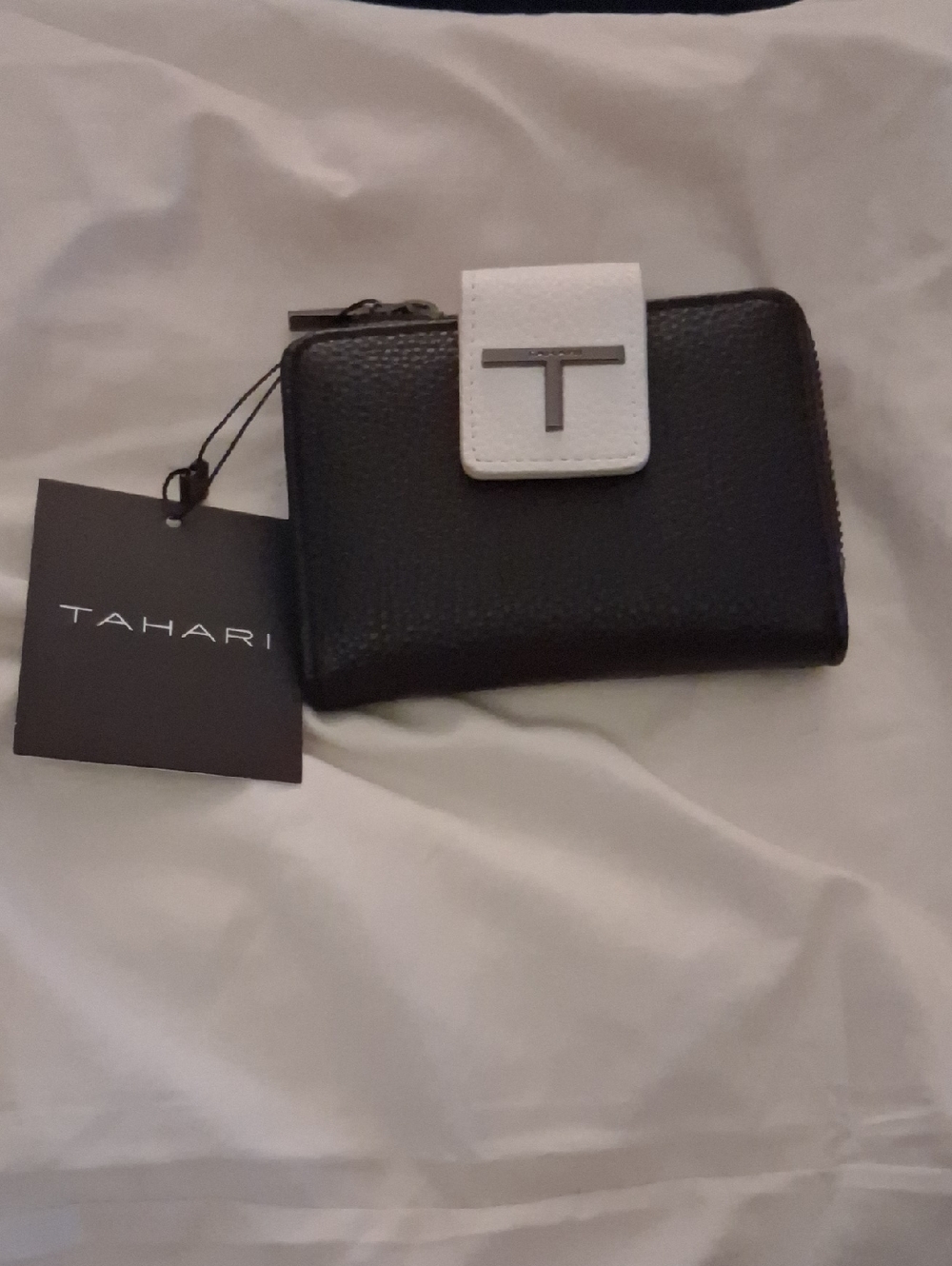 Tahari Black Wallet with White Snap Tab and Silver T Accent